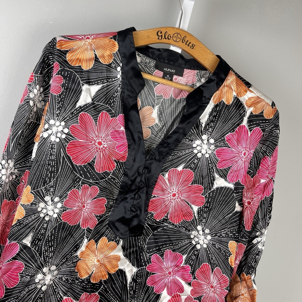 Alfani‎ Floral Asian Inspired Silk Blouse Top Womens 16 Black Orange Pink Flower